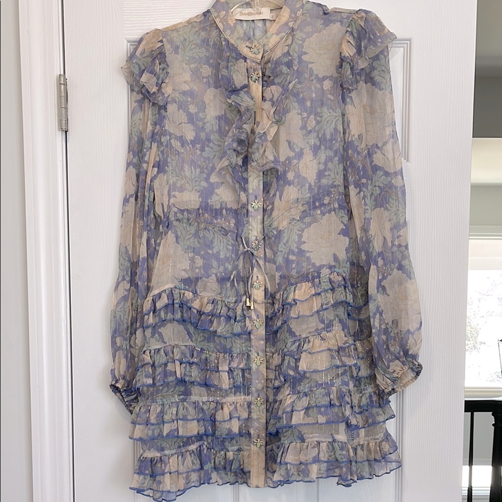 Zimmermann Sheer Floral Ruffle Mini Dress in Lavender and Cream